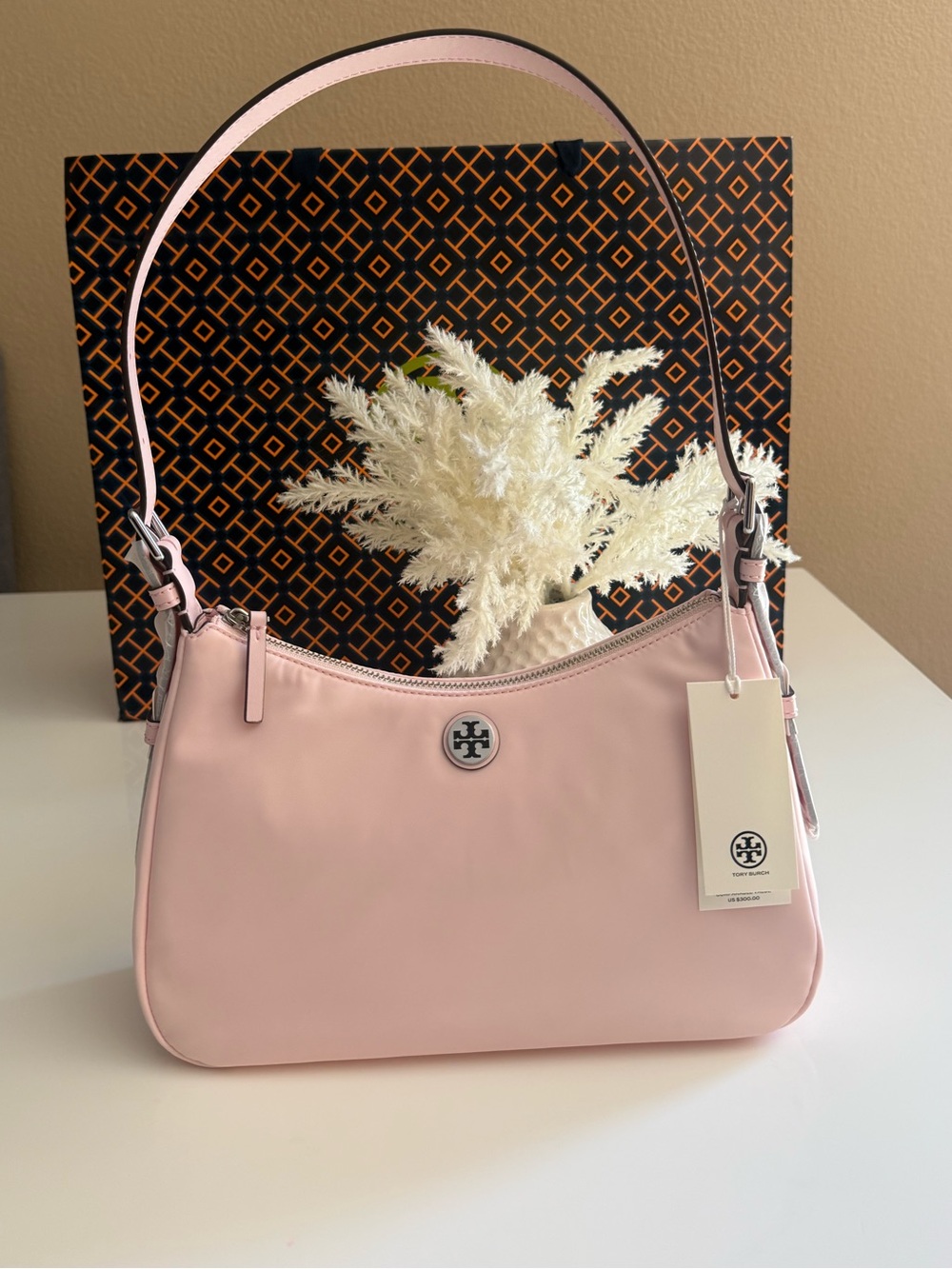 NWT , NYLON SMALL ZIP TOP SHOULDER BAG coral pink $300 - Picture 3 of 11